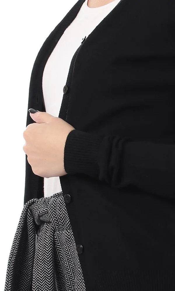 55861 Plain Buttoned Full Sleeves Cardigan - Black
