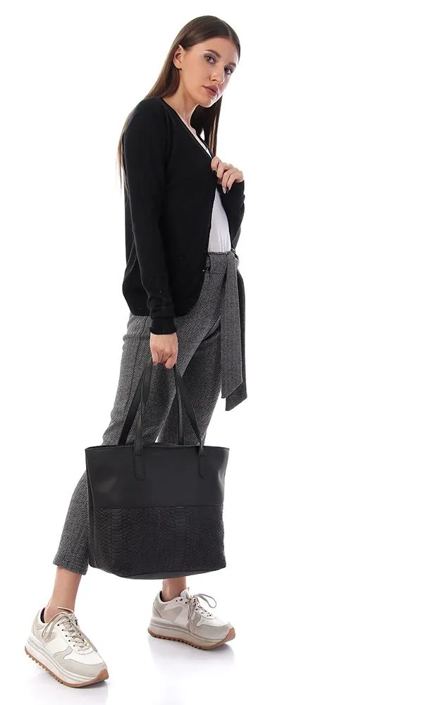 55861 Plain Buttoned Full Sleeves Cardigan - Black