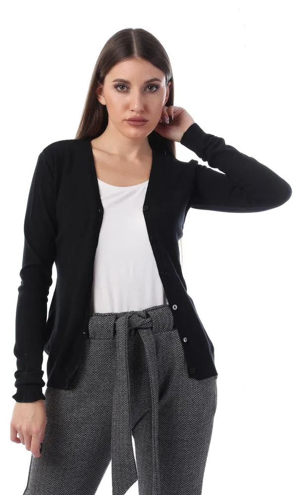 55861 Plain Buttoned Full Sleeves Cardigan - Black