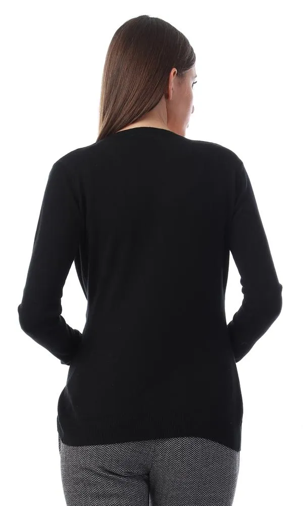55861 Plain Buttoned Full Sleeves Cardigan - Black