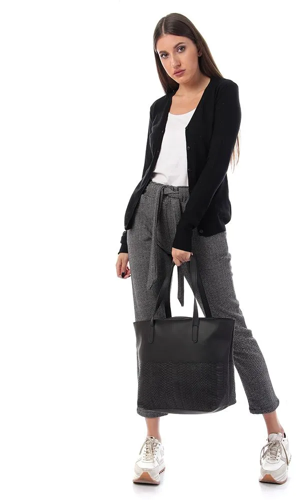 55861 Plain Buttoned Full Sleeves Cardigan - Black