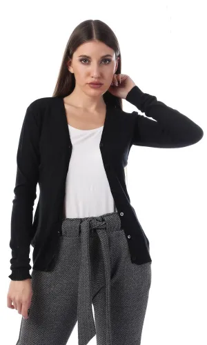 55861 Plain Buttoned Full Sleeves Cardigan - Black