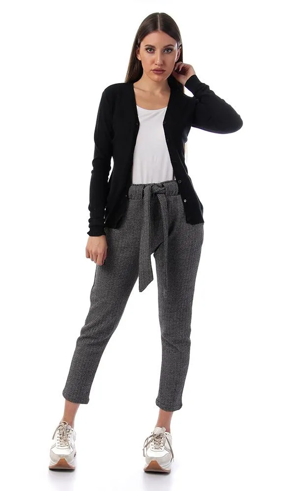 55861 Plain Buttoned Full Sleeves Cardigan - Black