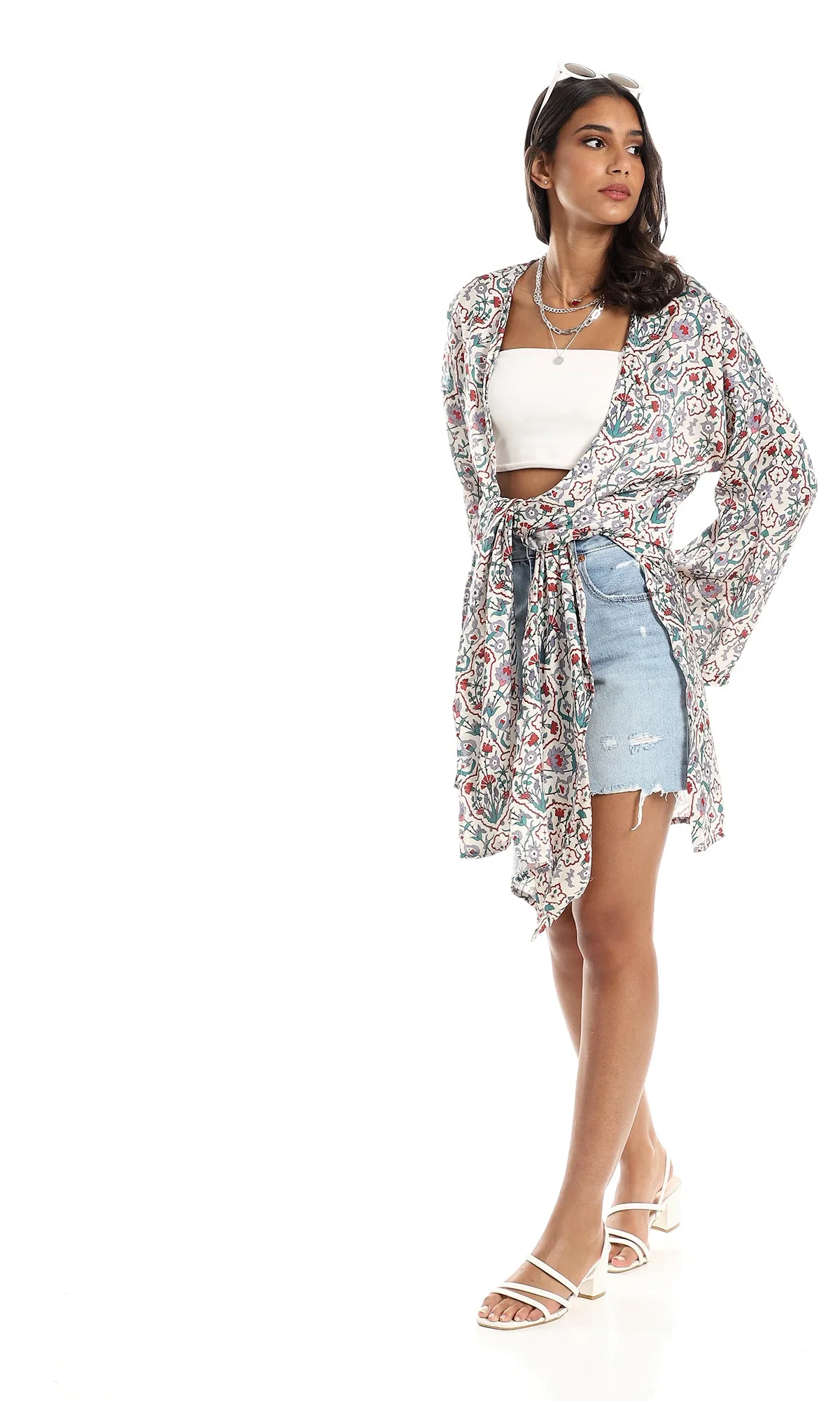 98280 Red, Green, Mauve & Beige Floral Open Neckline Cardigan