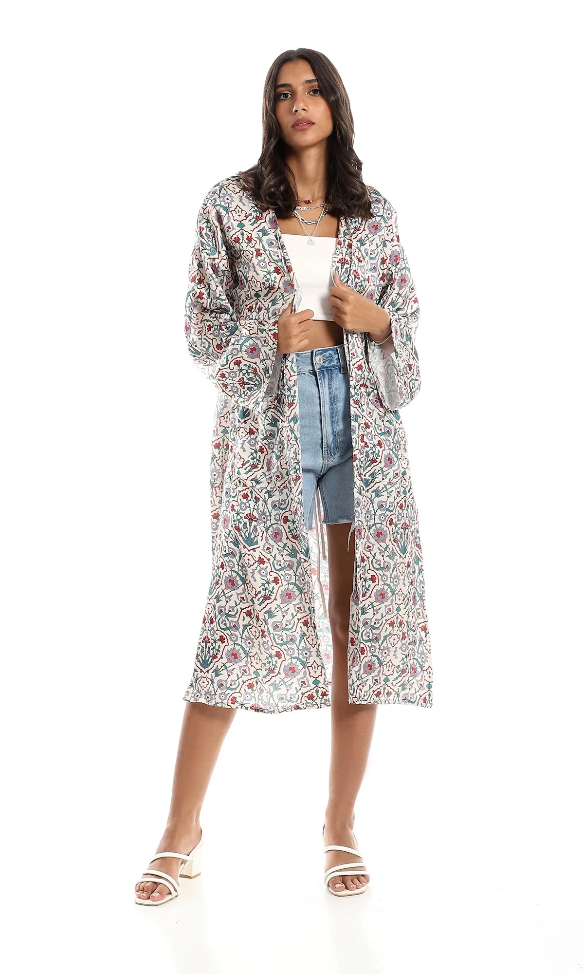 98280 Red, Green, Mauve & Beige Floral Open Neckline Cardigan