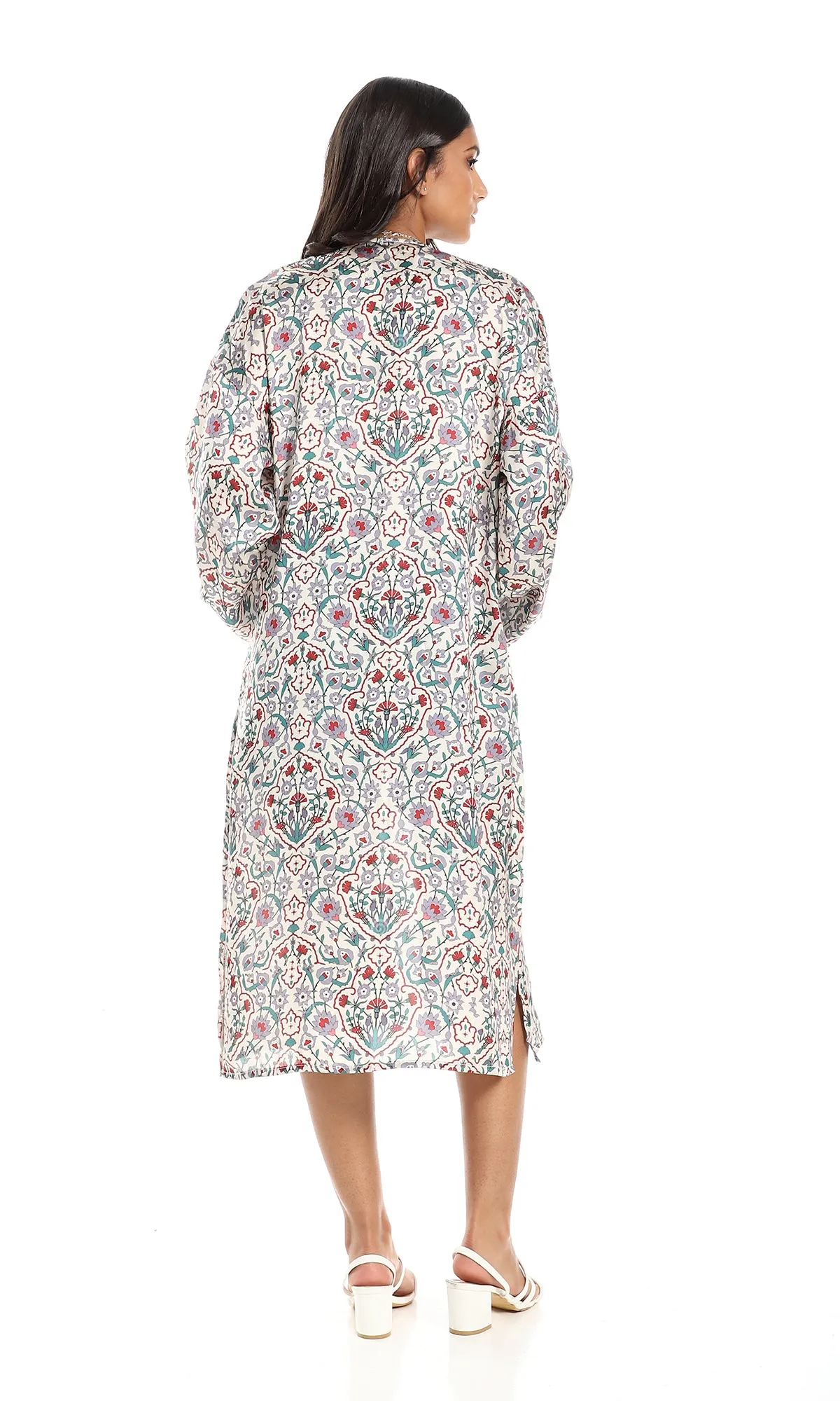 98280 Red, Green, Mauve & Beige Floral Open Neckline Cardigan