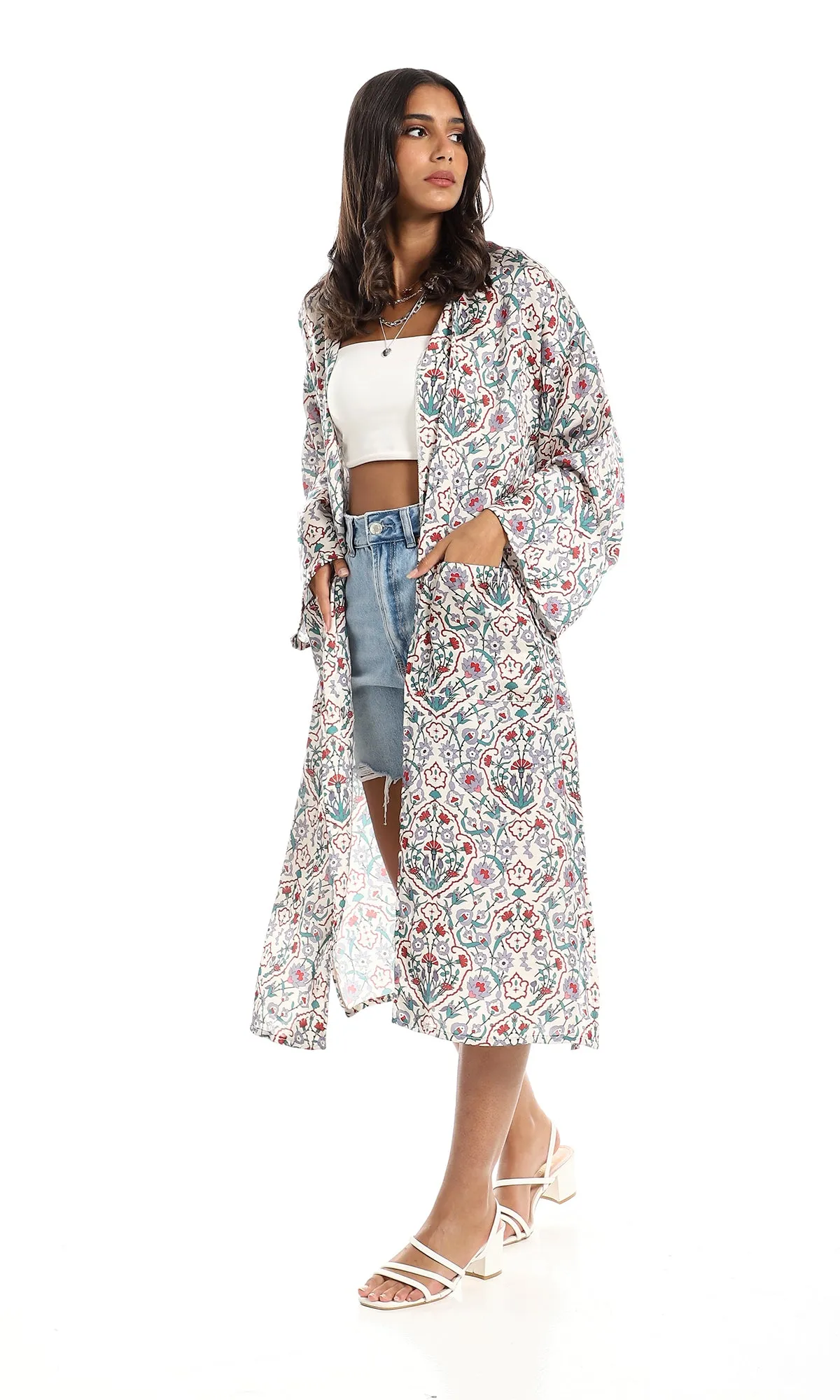 98280 Red, Green, Mauve & Beige Floral Open Neckline Cardigan