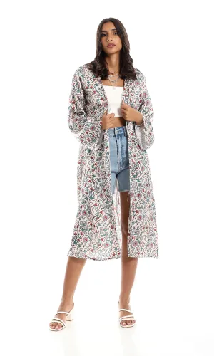 98280 Red, Green, Mauve & Beige Floral Open Neckline Cardigan