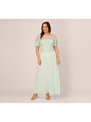ADRIANNA PAPELL Womens Green Embellished Scalloped V-back Zippered Lined Flutter Sleeve Boat Neck Maxi Party Gown Dress