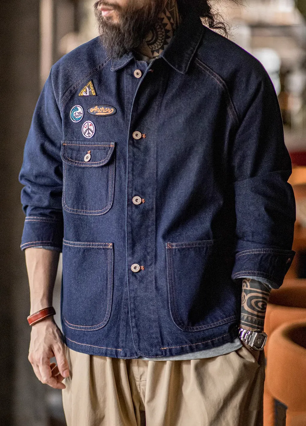American Retro Embroidered Badge Denim Heavy Washed Men's Jacket