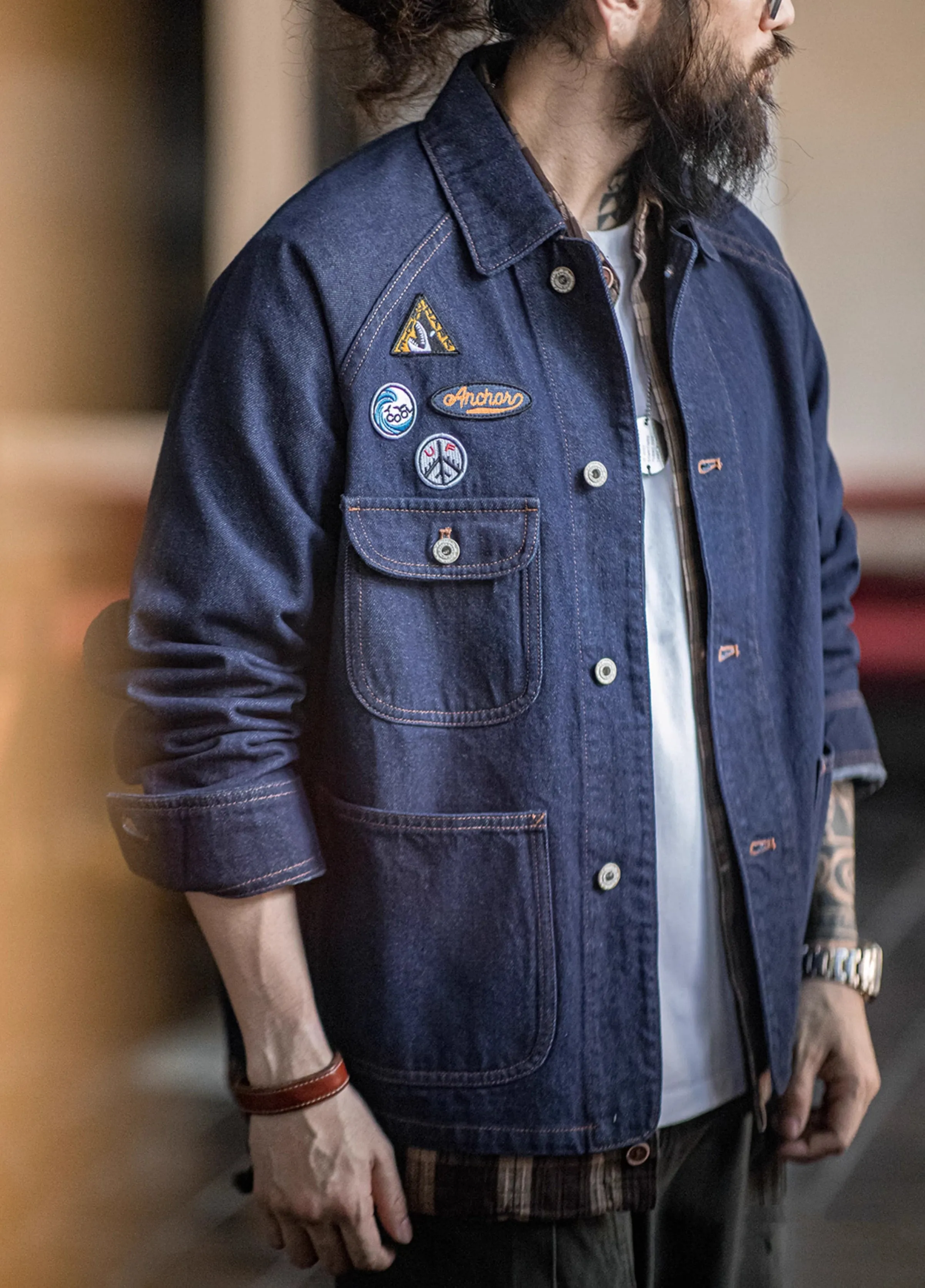 American Retro Embroidered Badge Denim Heavy Washed Men's Jacket