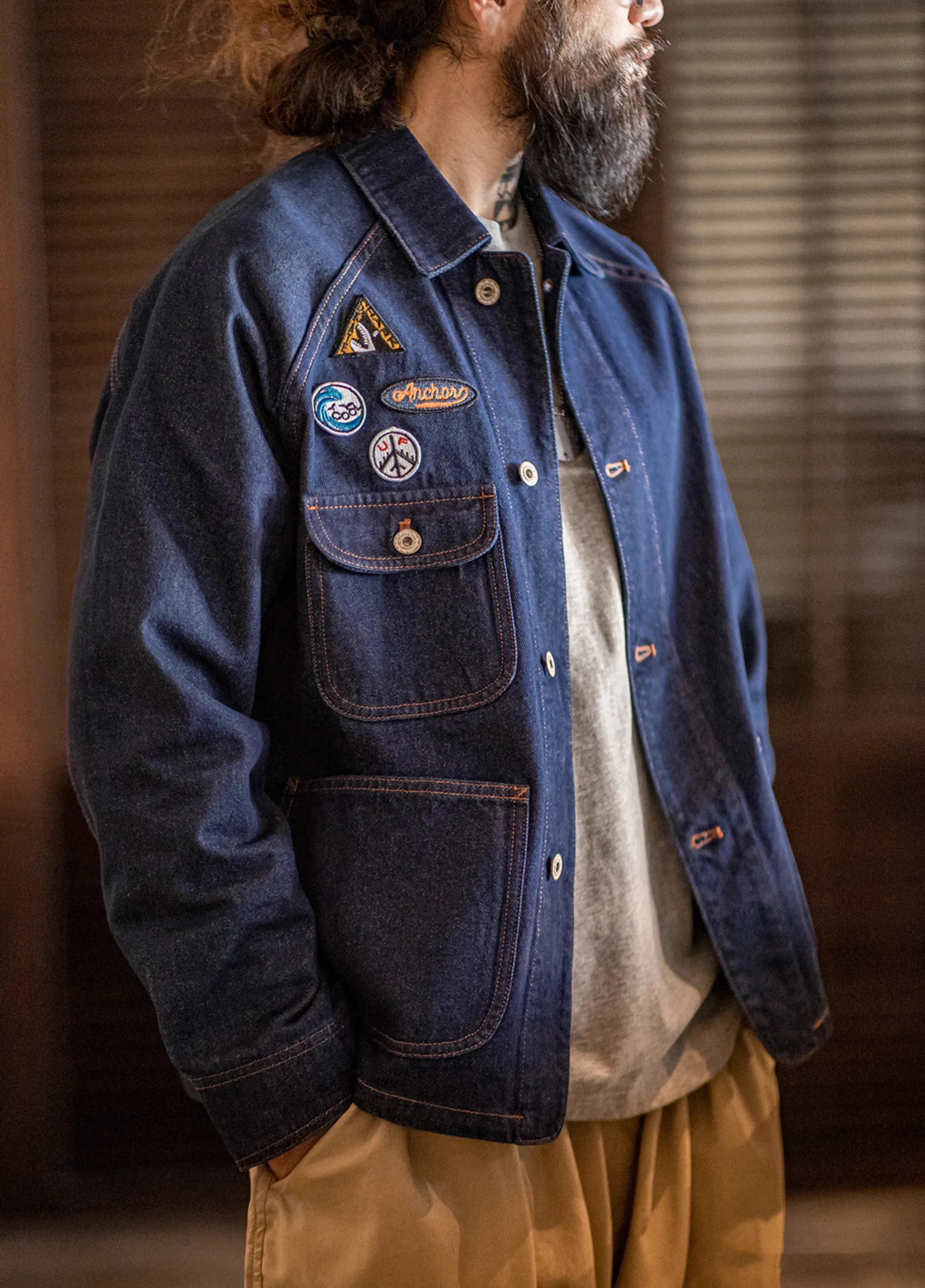 American Retro Embroidered Badge Denim Heavy Washed Men's Jacket