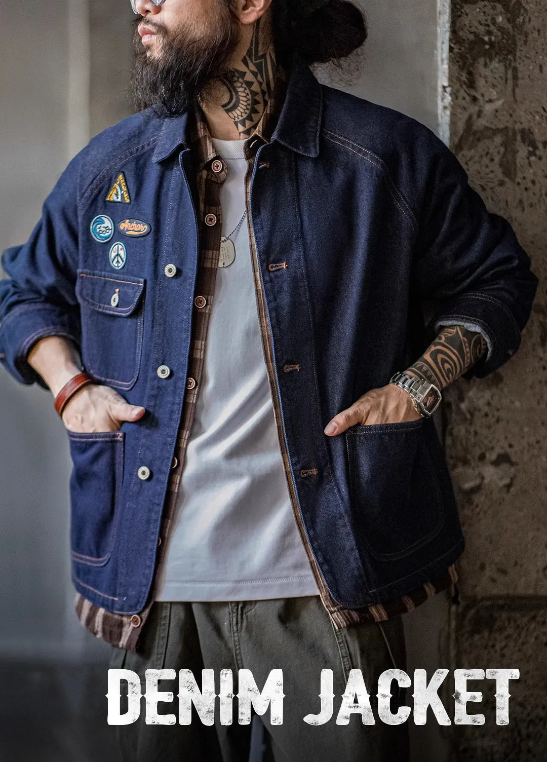 American Retro Embroidered Badge Denim Heavy Washed Men's Jacket