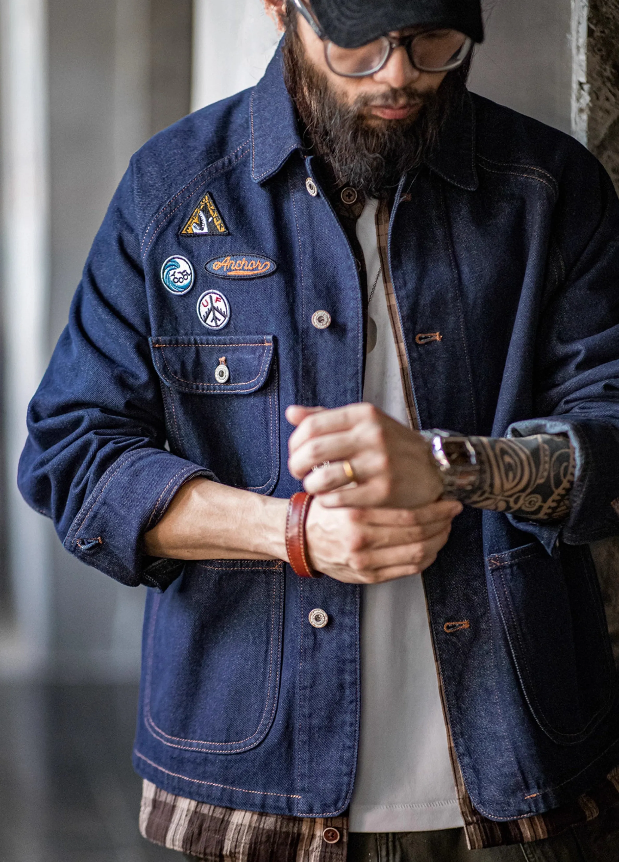 American Retro Embroidered Badge Denim Heavy Washed Men's Jacket