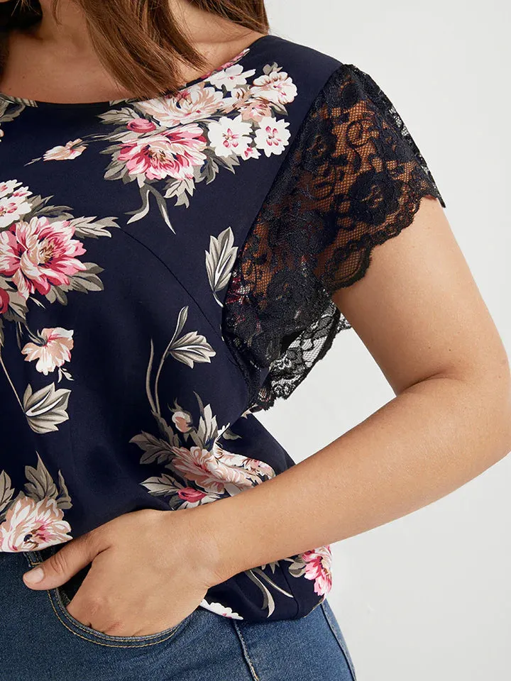 BLOOMCHIC LACE TRIM FLUTTER SLEEVE FLORAL NAVY COLOR BLOUSE SIZE 16