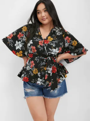 BLOOMCHIC WRAP STYLE BELTED V NECK WITH FLORAL DESIGN ON SOLID COLOR BACKGROUND