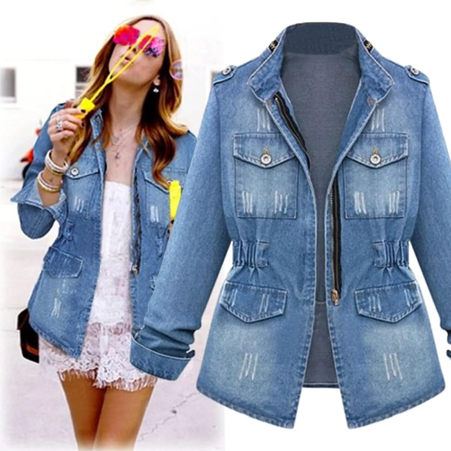 Boyfriend Denim Jacket for Women Oversized Jean Coat Casual Loose Long Sleeve Jean Jackets Distressed Outerwear