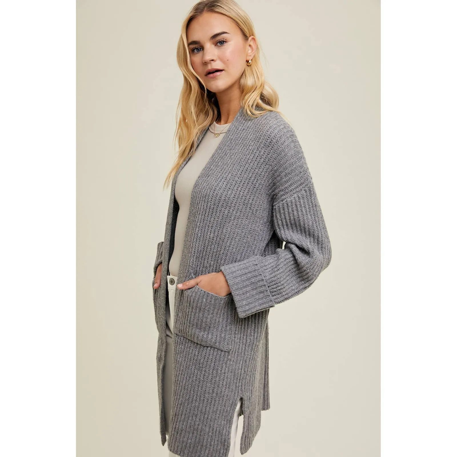 BRUSHED RIBBED KNIT CARDIGAN
