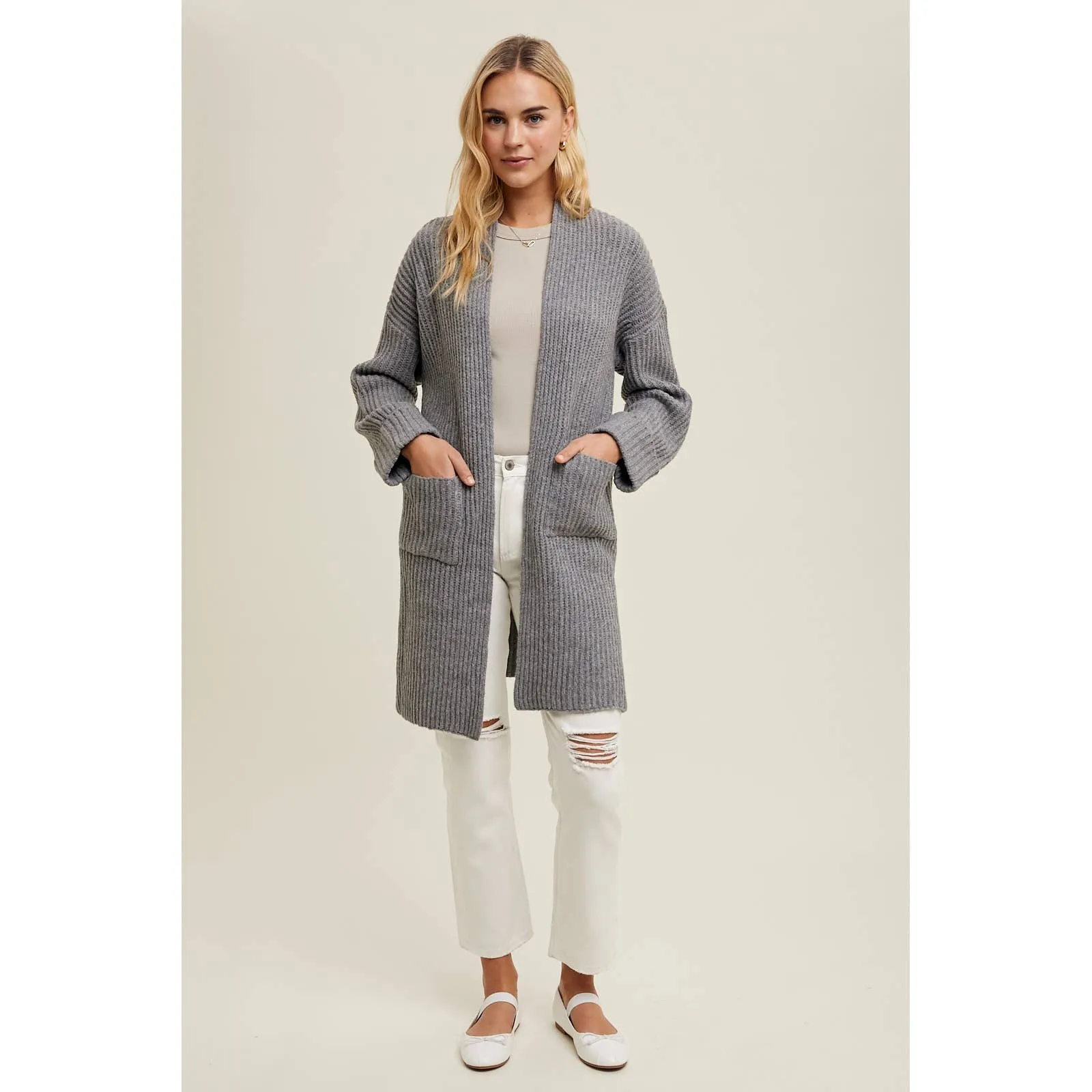BRUSHED RIBBED KNIT CARDIGAN