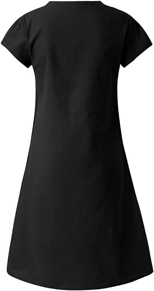 Casual Mini Dresses For Women Summer Cotton Linen V-neck T Shirt Sundresses Loose Fit Solid Beach Vacation Dress