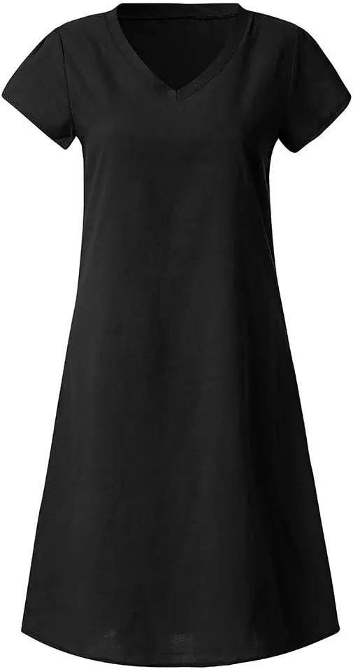 Casual Mini Dresses For Women Summer Cotton Linen V-neck T Shirt Sundresses Loose Fit Solid Beach Vacation Dress