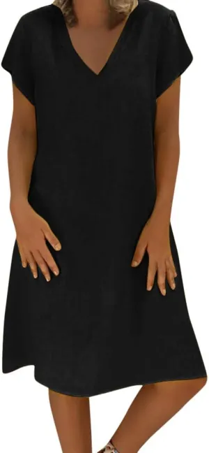 Casual Mini Dresses For Women Summer Cotton Linen V-neck T Shirt Sundresses Loose Fit Solid Beach Vacation Dress
