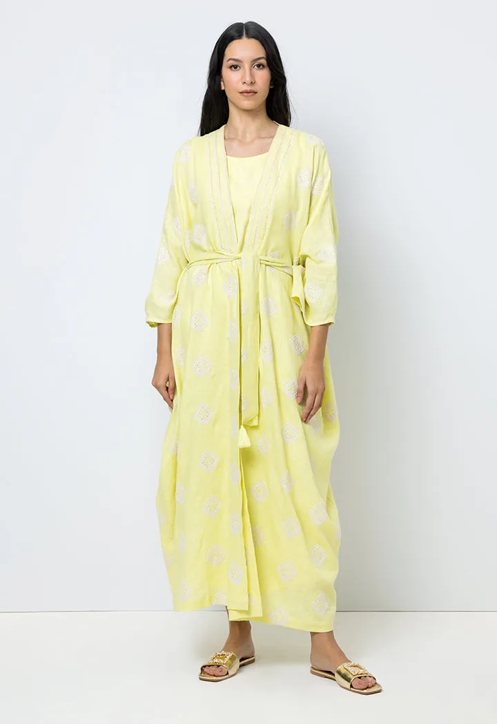 Choice Embroidered Sequins Kimono Sleeves Abaya Yellow