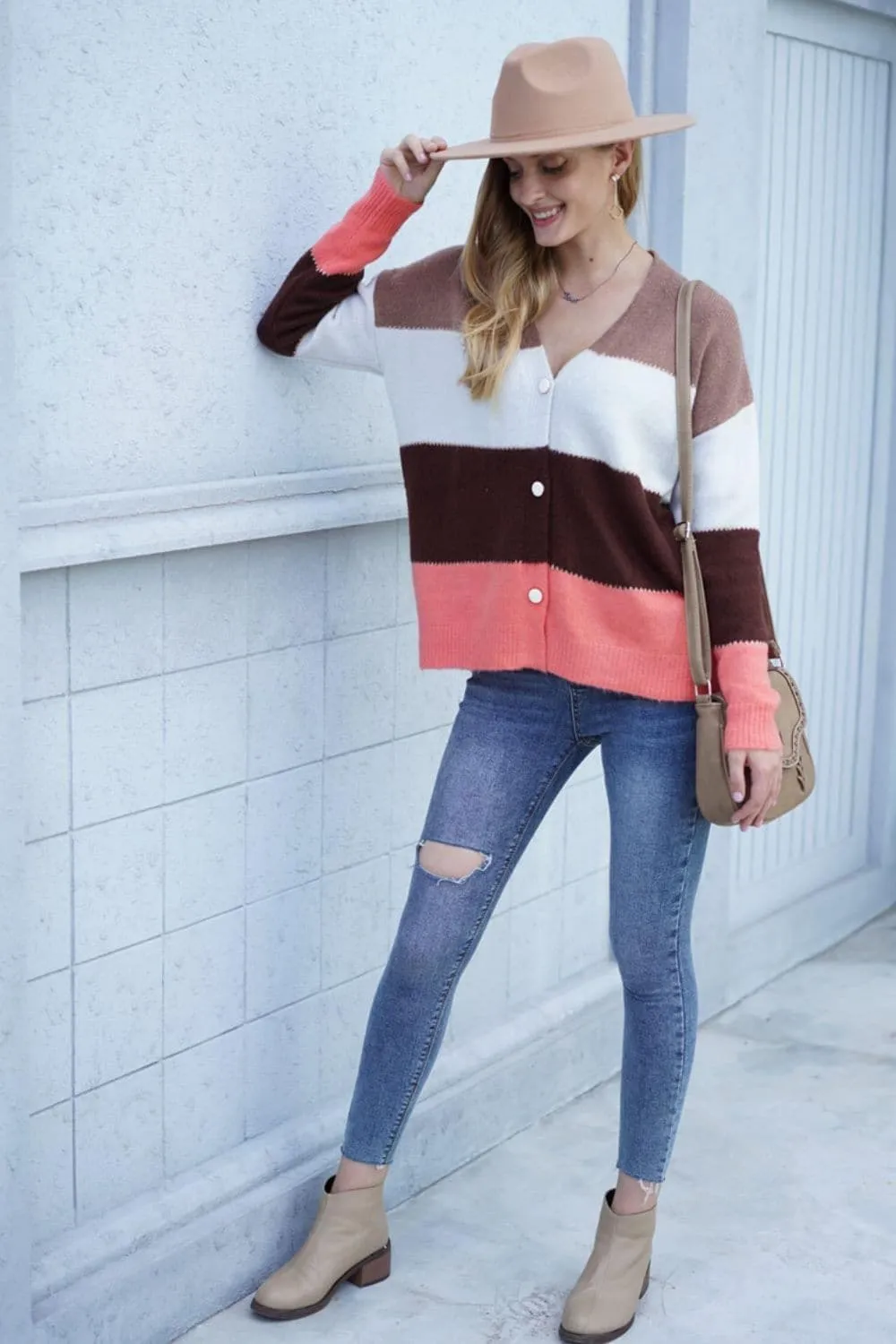 Color Block V-Neck Button Down Cardigan, Multiple Colors