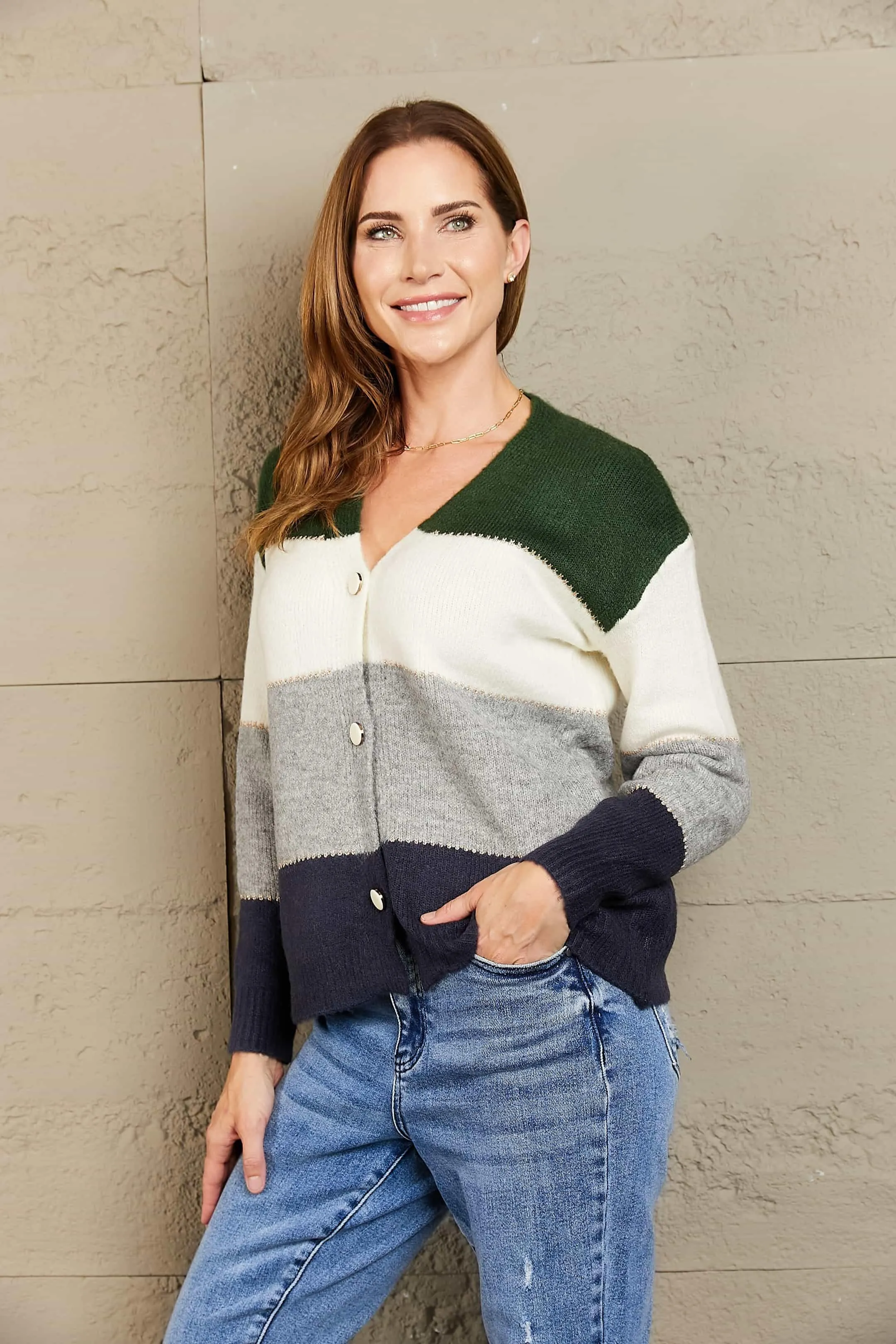 Color Block V-Neck Button Down Cardigan, Multiple Colors