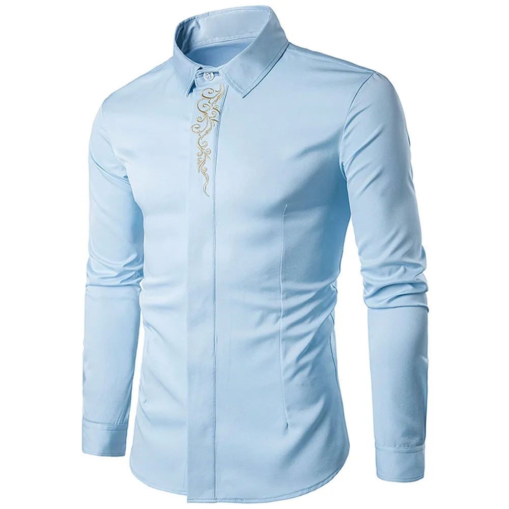 Cotton Lapel Collar Embroidered Long Sleeve Man Shirt 1908