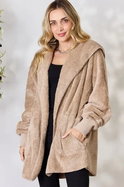 Cozy Faux Fur Open Front Hooded Jacket Taupe