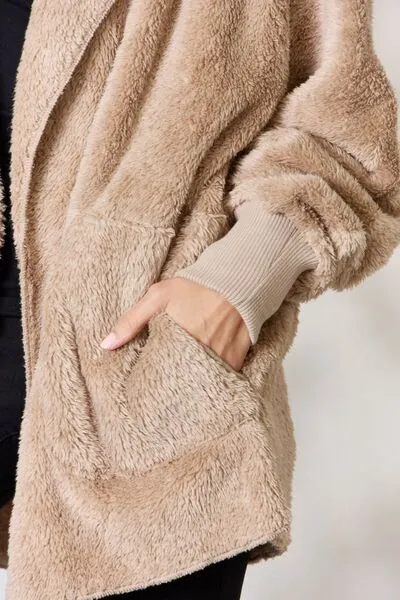 Cozy Faux Fur Open Front Hooded Jacket Taupe