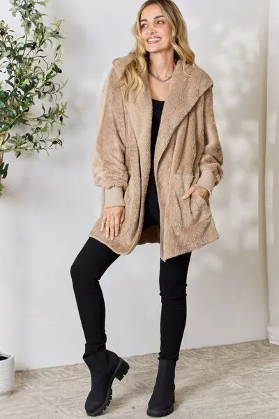 Cozy Faux Fur Open Front Hooded Jacket Taupe