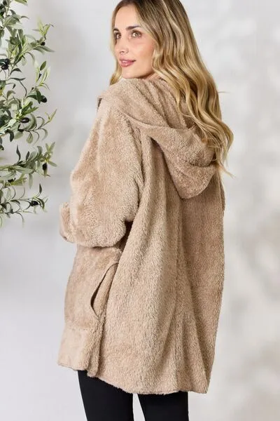 Cozy Faux Fur Open Front Hooded Jacket Taupe