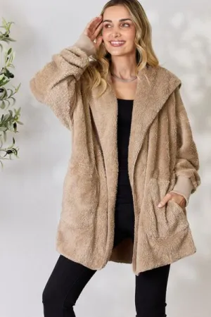 Cozy Faux Fur Open Front Hooded Jacket Taupe