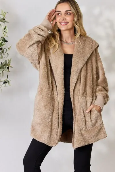 Cozy Faux Fur Open Front Hooded Jacket Taupe