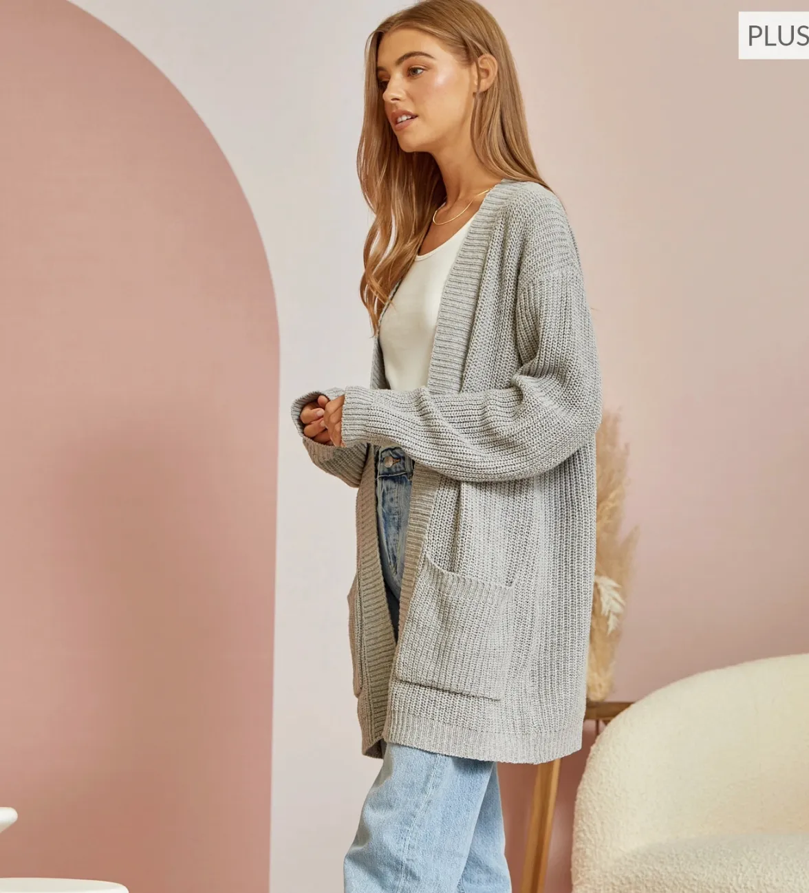 CURVY Long Sleeve Cardigan with Pockets in Grey
