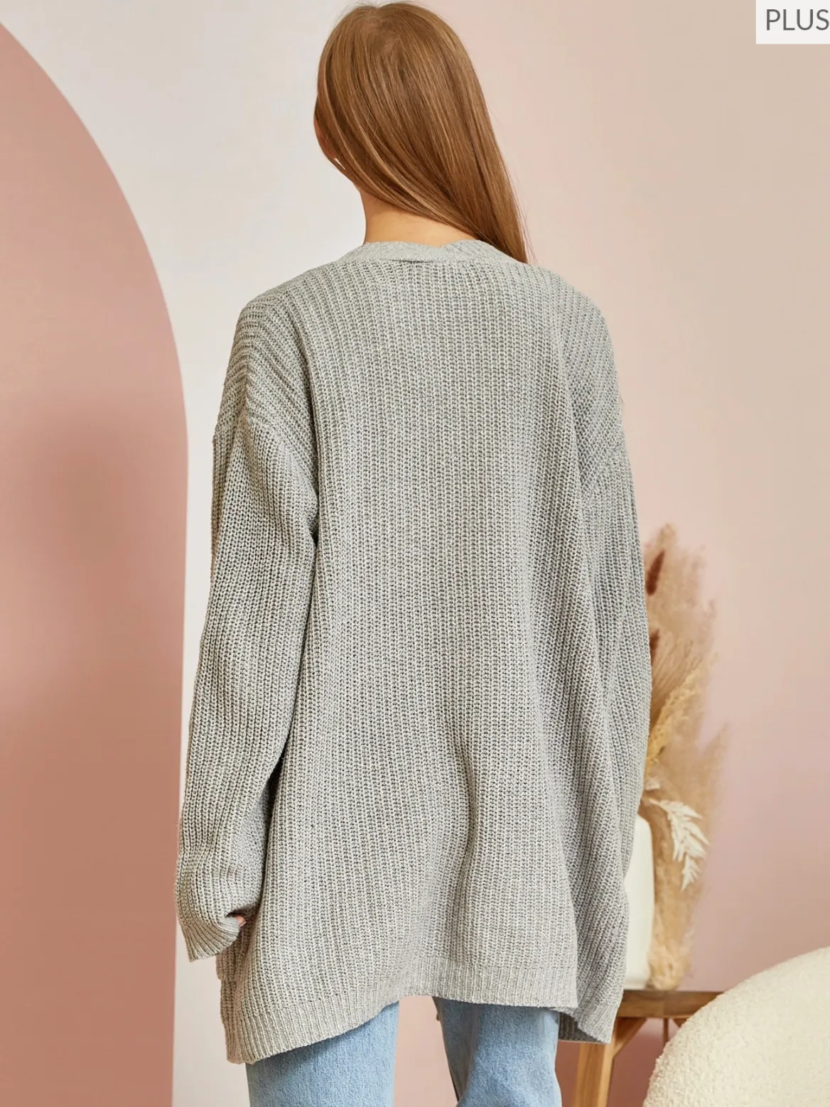 CURVY Long Sleeve Cardigan with Pockets in Grey