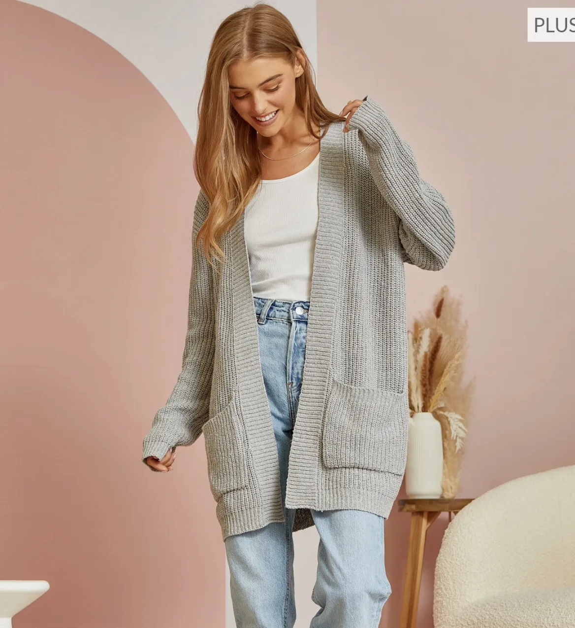 CURVY Long Sleeve Cardigan with Pockets in Grey