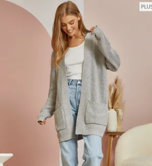 CURVY Long Sleeve Cardigan with Pockets in Grey