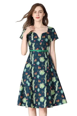 Dark Blue Green Sweetheart A Line Cactus Cotton Dress with Pockets