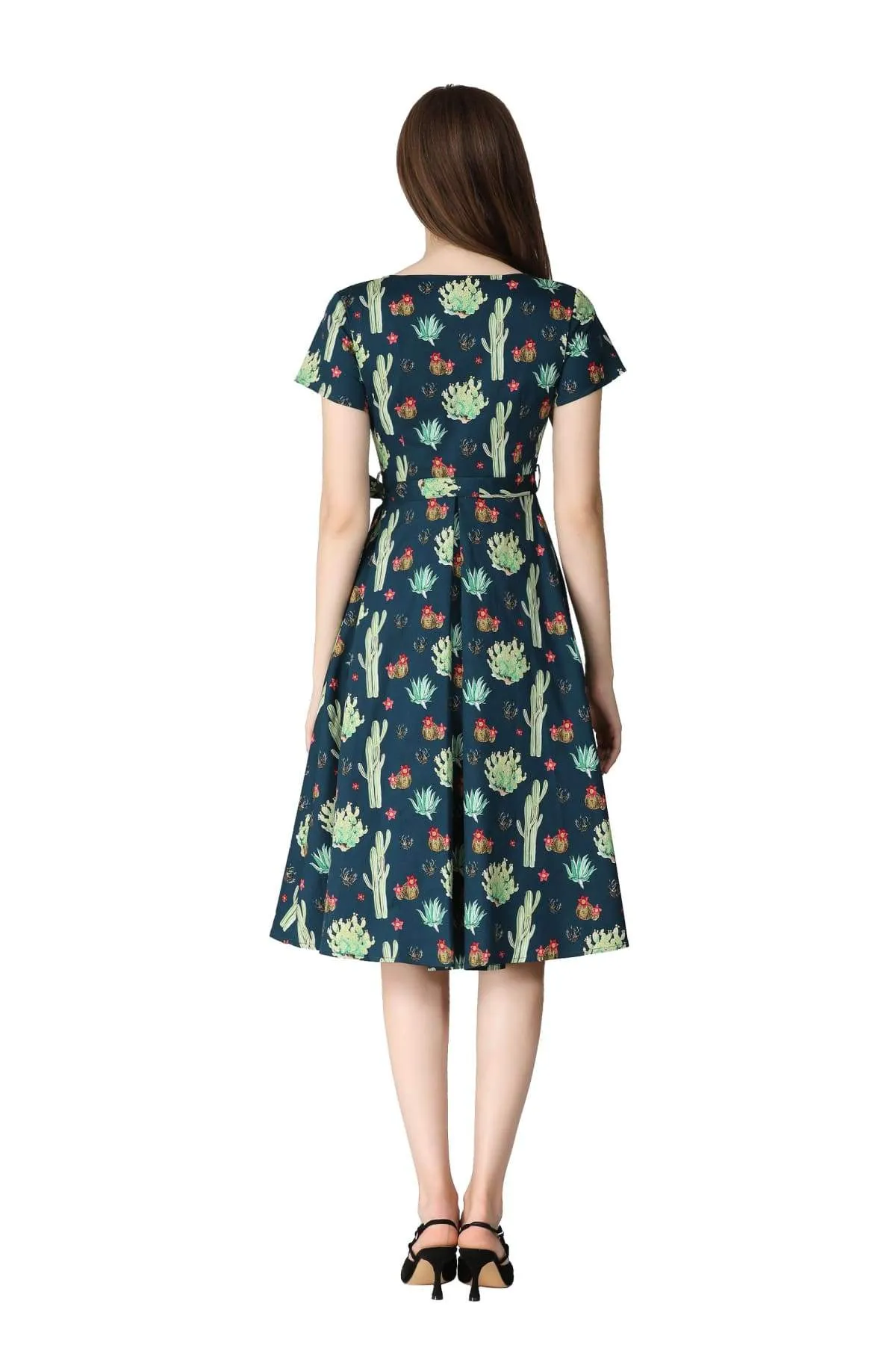 Dark Blue Green Sweetheart A Line Cactus Cotton Dress with Pockets