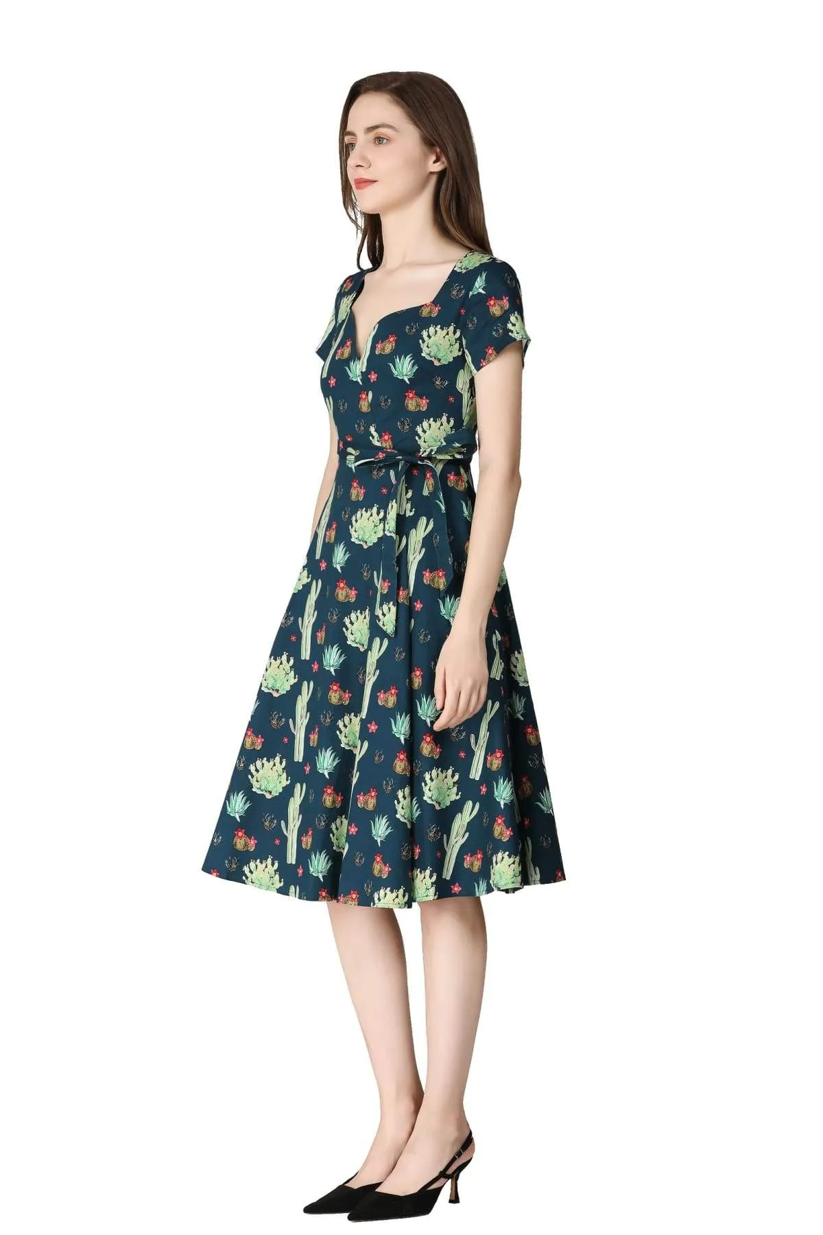 Dark Blue Green Sweetheart A Line Cactus Cotton Dress with Pockets
