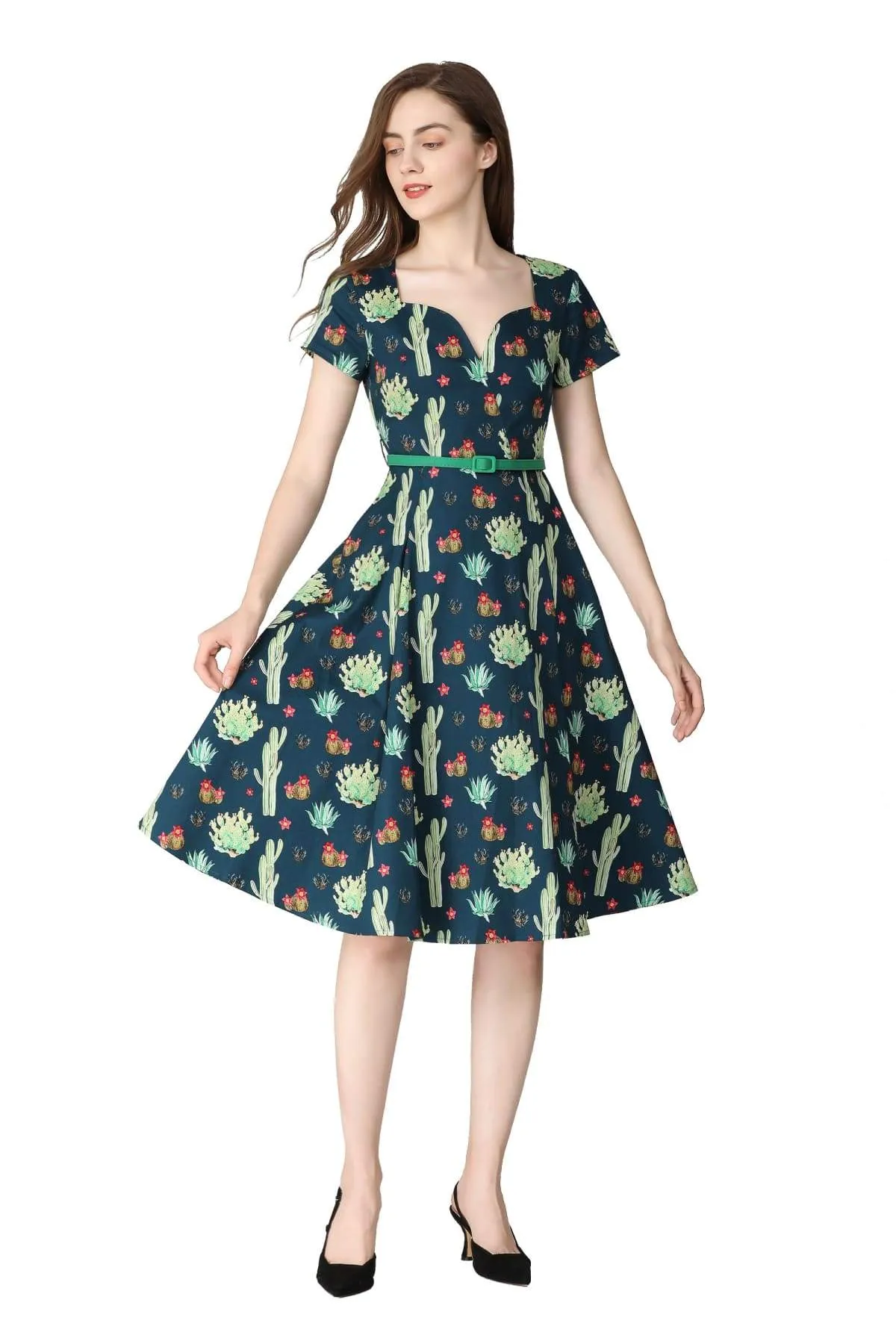 Dark Blue Green Sweetheart A Line Cactus Cotton Dress with Pockets
