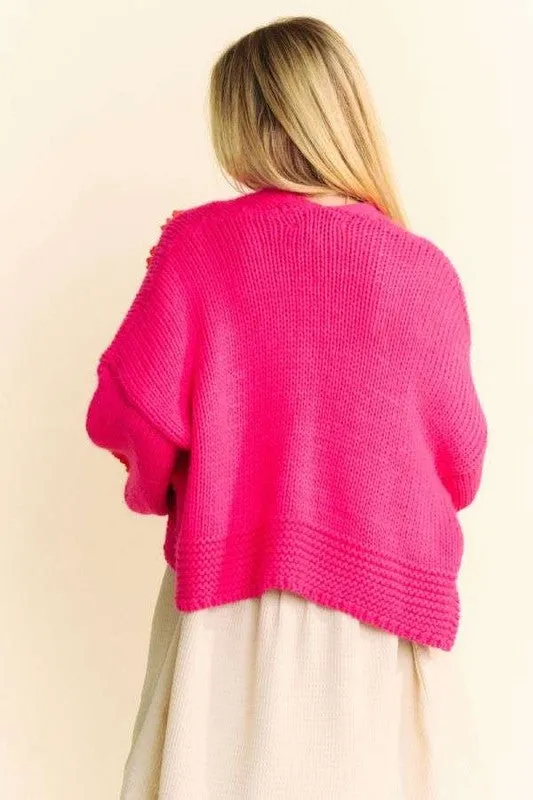 Davi & Dani Hot Pink Floral Applique Open Front Drop Shoulder Cardigan