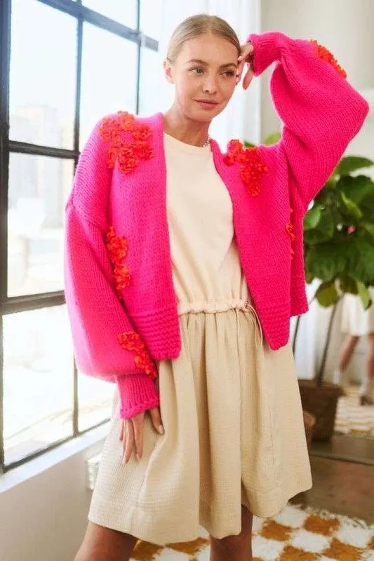 Davi & Dani Hot Pink Floral Applique Open Front Drop Shoulder Cardigan