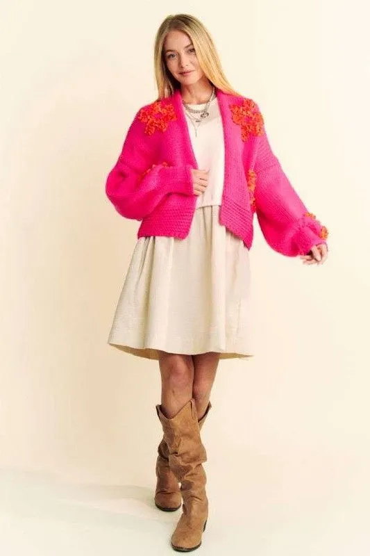 Davi & Dani Hot Pink Floral Applique Open Front Drop Shoulder Cardigan