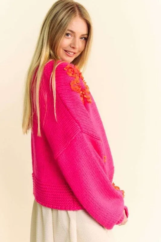 Davi & Dani Hot Pink Floral Applique Open Front Drop Shoulder Cardigan