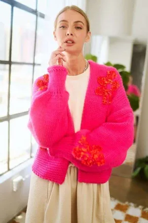 Davi & Dani Hot Pink Floral Applique Open Front Drop Shoulder Cardigan