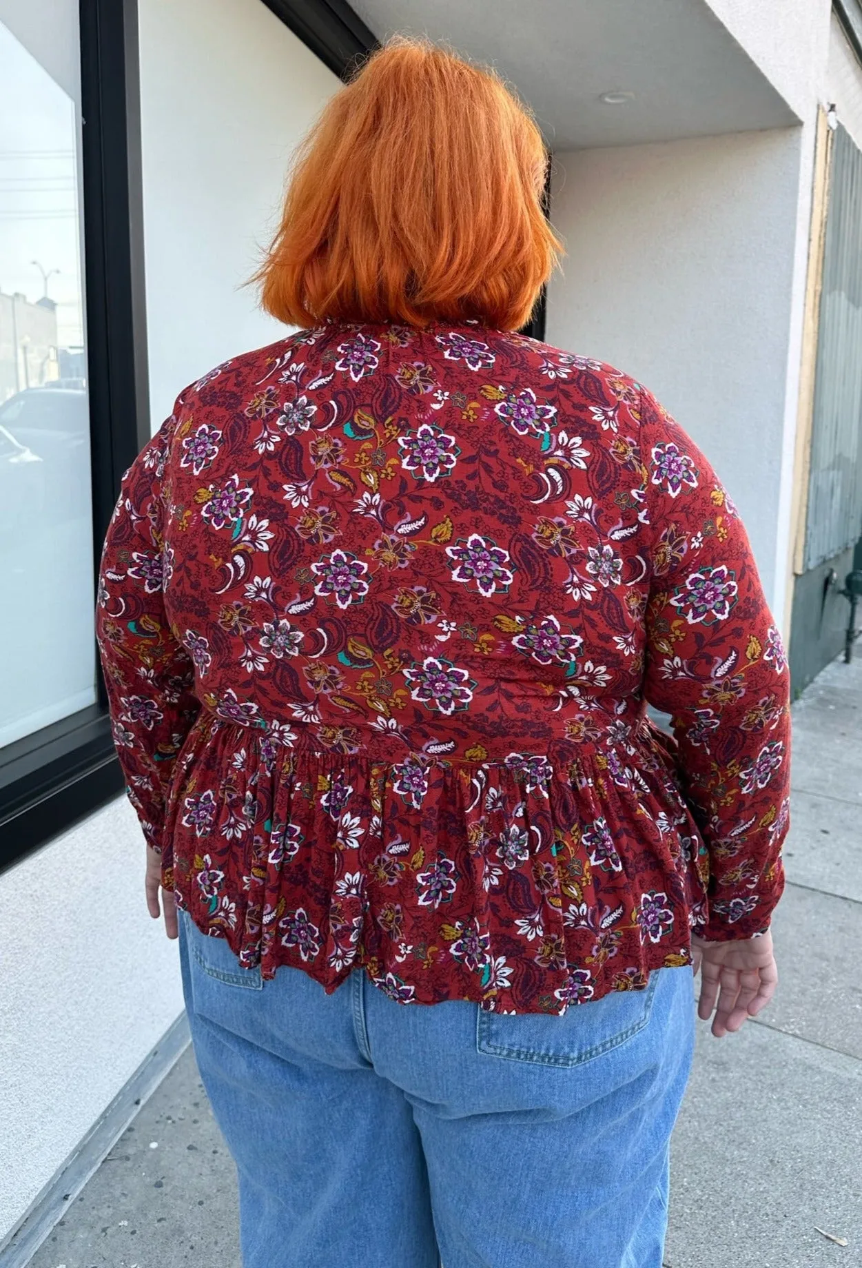 Deep Red Multicolor Floral Baby Doll Blouse, Size 1/2X